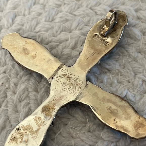 Large N Dishta Zuni Turquoise Cross Pendant Sterling Silver Inlay Navajo NM Vtg - Picture 7 of 15